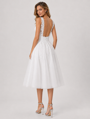 Elegant V-Neck Lace Appliqued Midi A-Line Wedding Dress