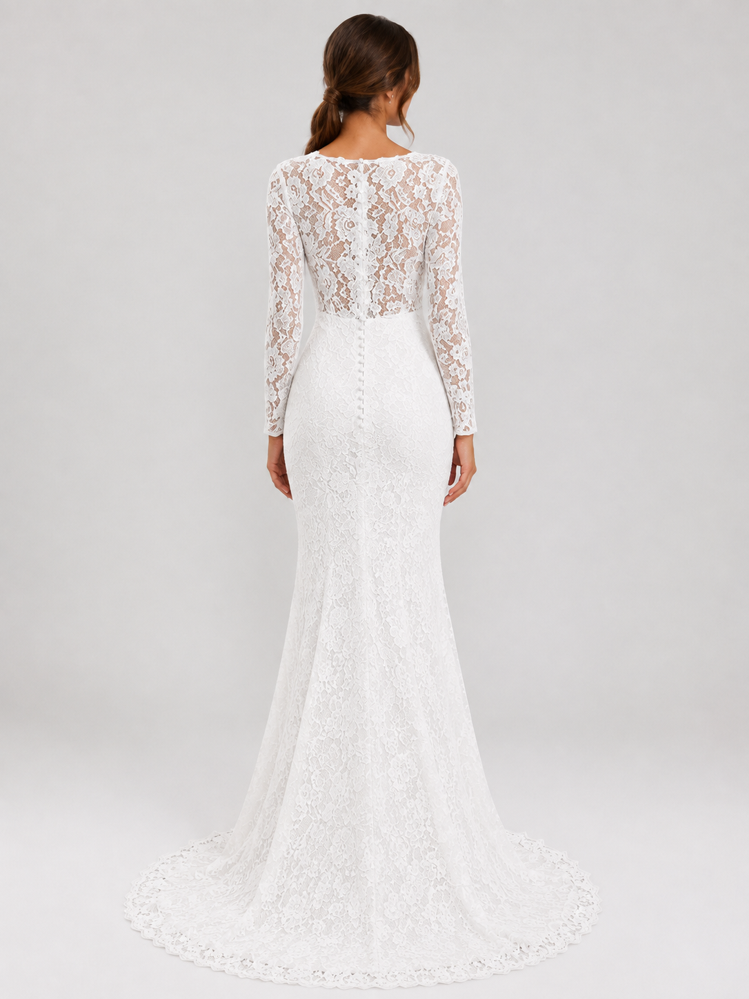 Elegant Long-Sleeve Illusion V-Neck Lace Mermaid Wedding Dress with Sweep Train
