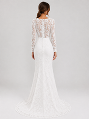 Elegant Long-Sleeve Illusion V-Neck Lace Mermaid Wedding Dress with Sweep Train