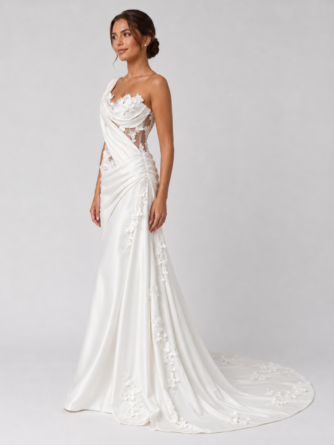 3D Floral Applique Satin Sheath Wedding Dress with Sweep Train