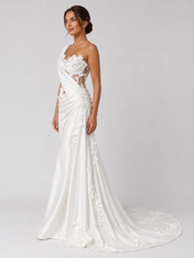 3D Floral Applique Satin Sheath Wedding Dress with Sweep Train
