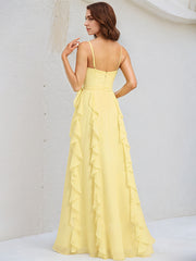 A Line Yellow Chiffon Spaghetti Straps Sleeveless Floor Length Dress With Ruffles