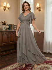 A-line V-Neck Ankle-Length Lace Chiffon Mother of the Bride Dress With Cascading Ruffles