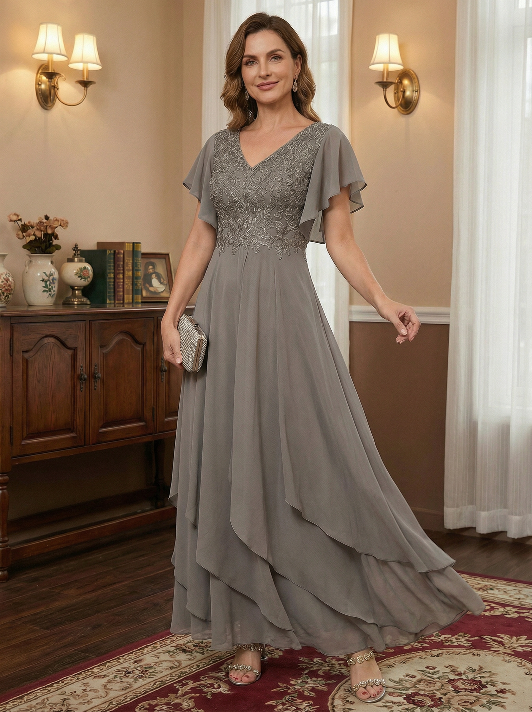 A-line V-Neck Ankle-Length Lace Chiffon Mother of the Bride Dress With Cascading Ruffles