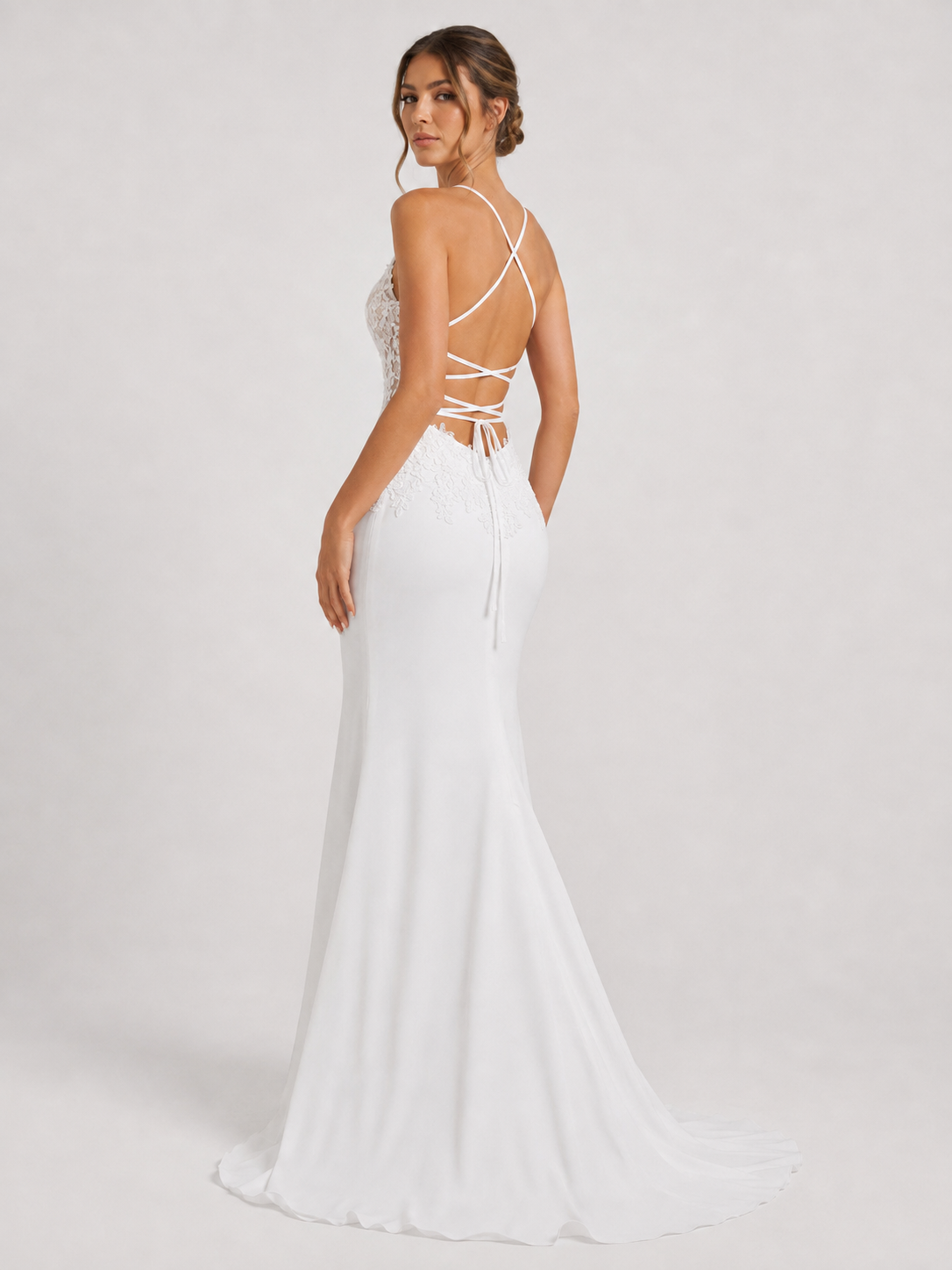 Elegant Spaghetti Strap Lace Applique Crepe Mermaid Wedding Dress with Chapel Train