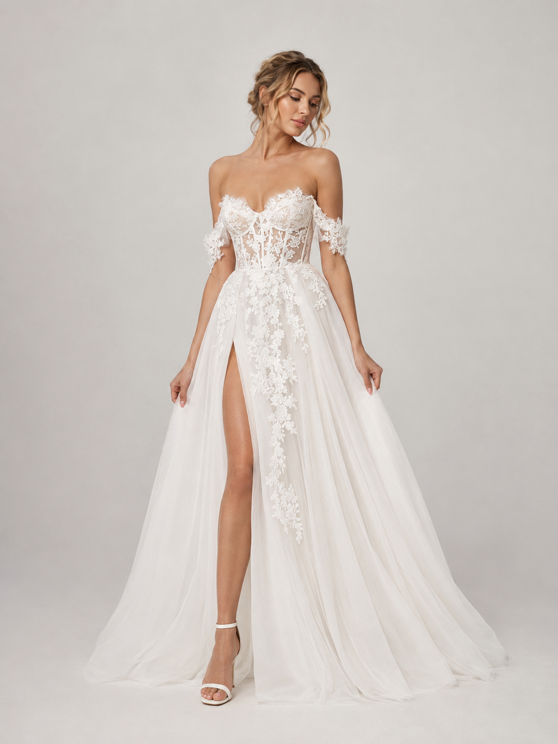 Elegant Off-the-Shoulder Corset Tulle A-Line Wedding Dress with High Slit and Chapel Train