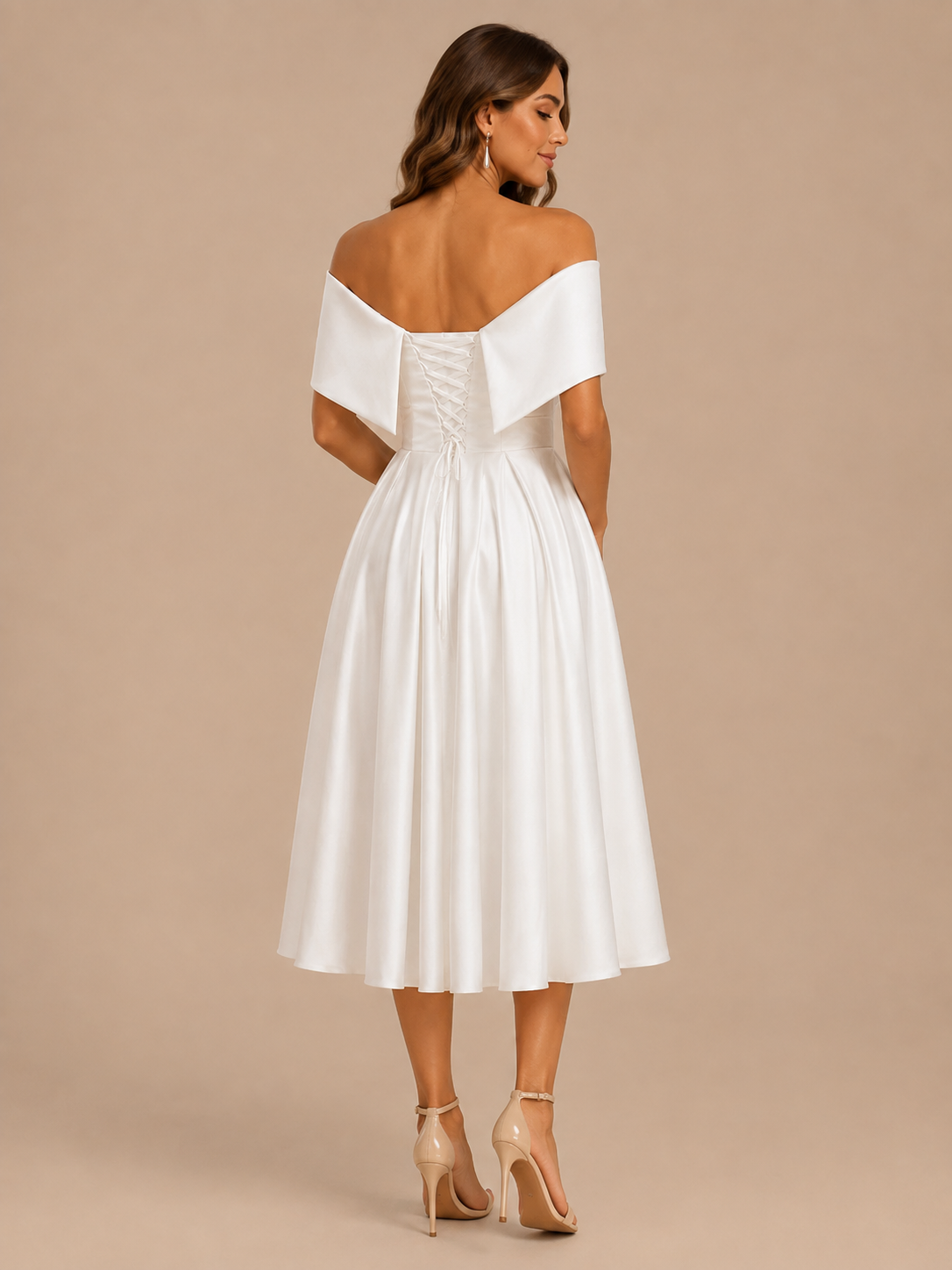 Elegant Off-the-Shoulder Crossover Pleated Satin A-Line Midi Wedding Dress with Lace-Up Back