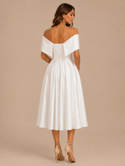 Elegant Off-the-Shoulder Crossover Pleated Satin A-Line Midi Wedding Dress with Lace-Up Back
