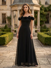 Off-the-Shoulder Rosette Trim A-Line Gown Bridesmaid Dress