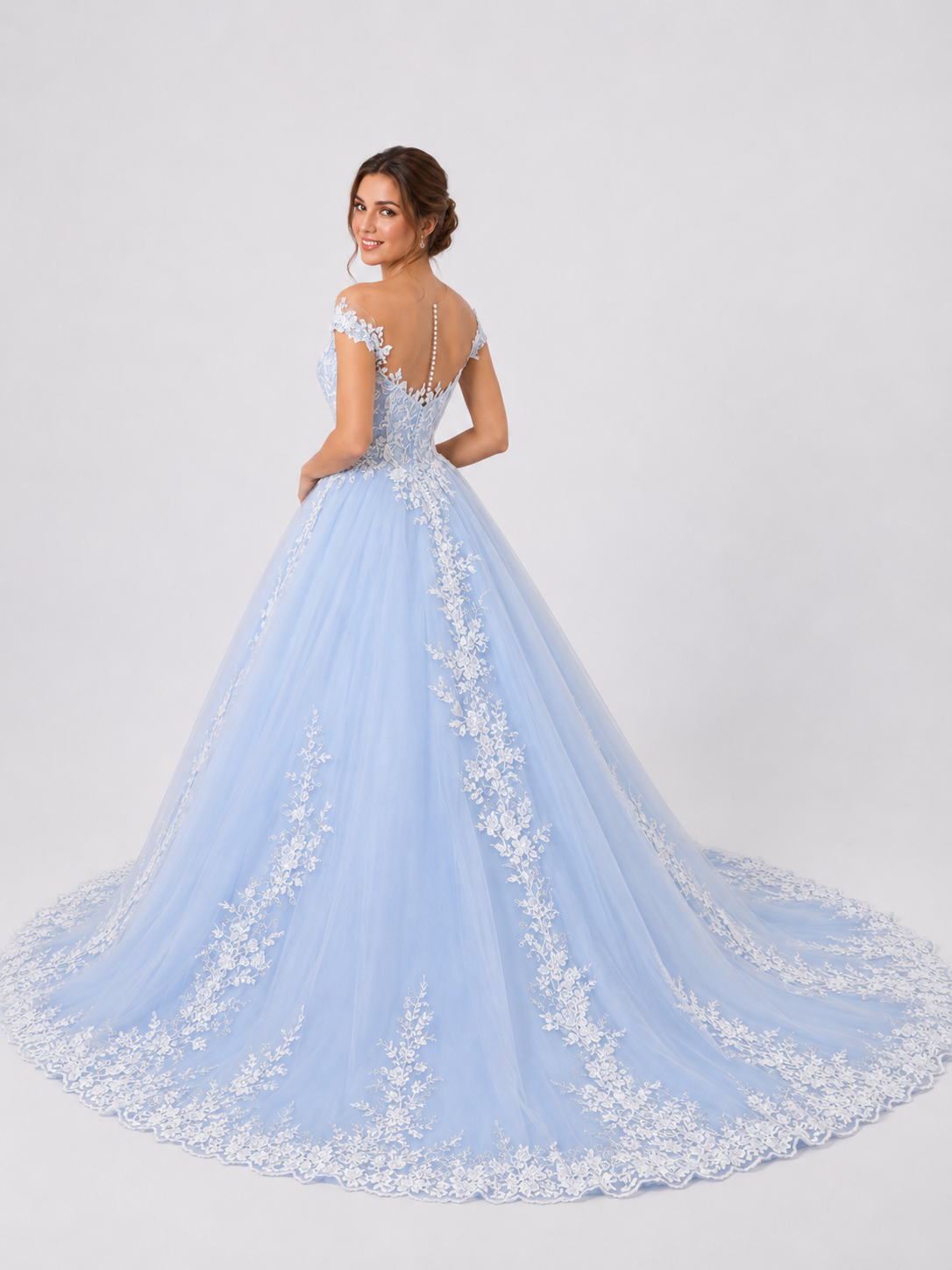 Elegant Off-the-Shoulder Lace Applique Blue A-Line Wedding Dress with Chapel Train