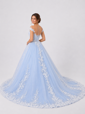 Elegant Off-the-Shoulder Lace Applique Blue A-Line Wedding Dress with Chapel Train