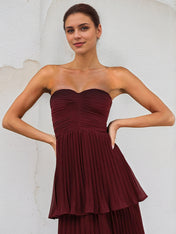 Burgundy Chiffon Sweetheart Neck Sleeveless Floor Length Dress With Cascading Ruffles