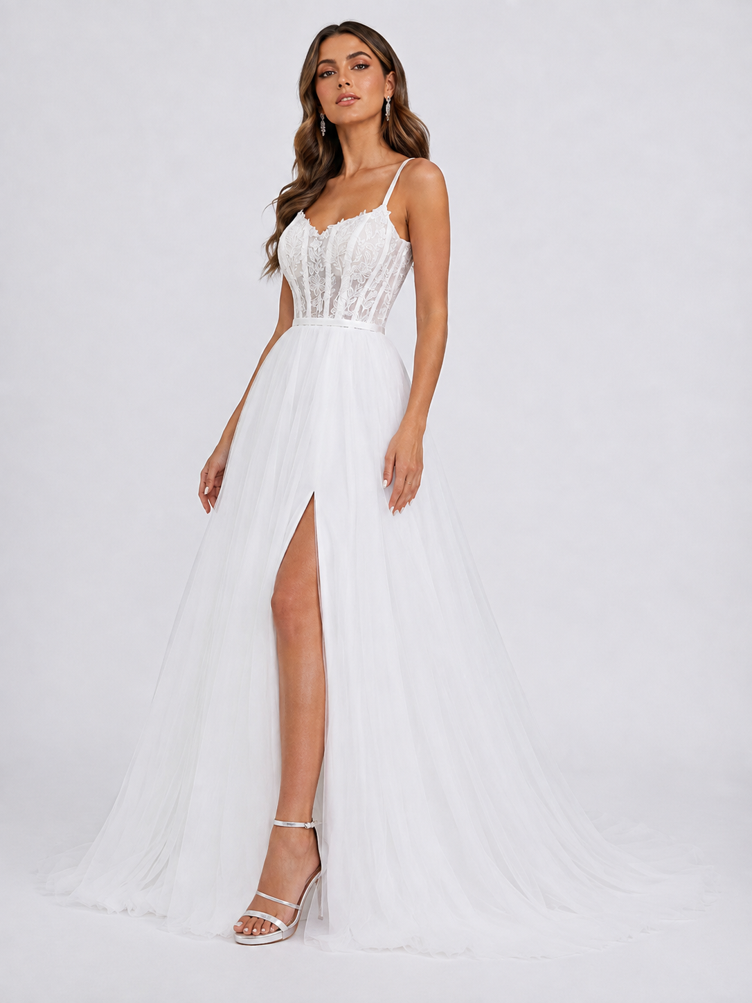 Elegant Spaghetti Strap Corset Tulle A-Line Wedding Dress with High Slit and Sweep Train