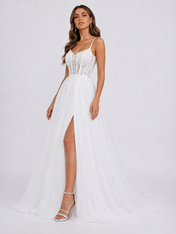 Elegant Spaghetti Strap Corset Tulle A-Line Wedding Dress with High Slit and Sweep Train