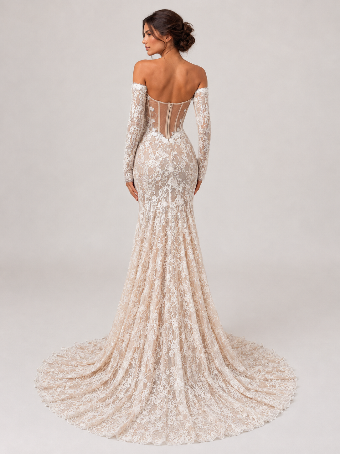 Elegant Off-the-Shoulder Long Sleeve Lace Mermaid Wedding Dress with Sweep Train