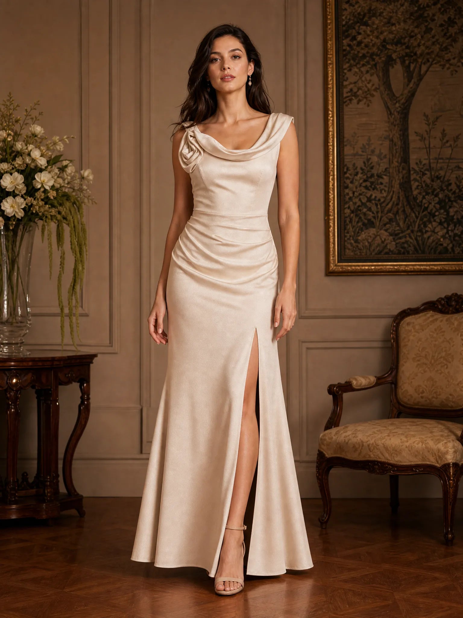 Cowl Neck Slit Column Gown with Rosette Accent Bridesmaid Dress