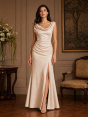 Cowl Neck Slit Column Gown with Rosette Accent Bridesmaid Dress