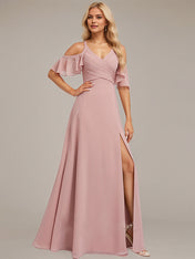 Dusty Rose A-Line Cold Shoulder Floor-Length Chiffon Bridesmaid Dress With Ruffle