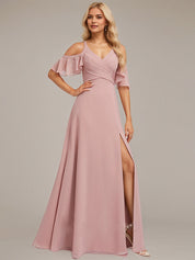 Dusty Rose A-Line Cold Shoulder Floor-Length Chiffon Bridesmaid Dress With Ruffle