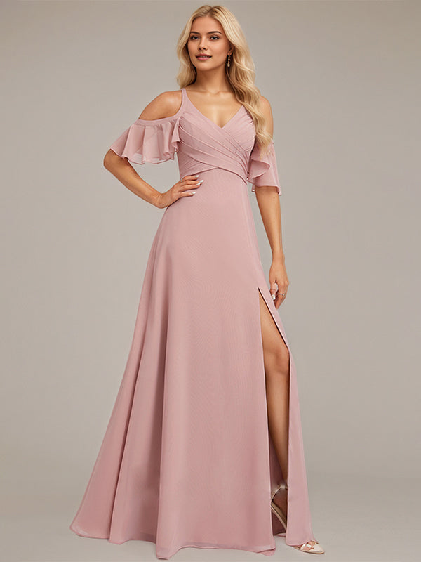 Dusty Rose A-Line Cold Shoulder Floor-Length Chiffon Bridesmaid Dress With Ruffle