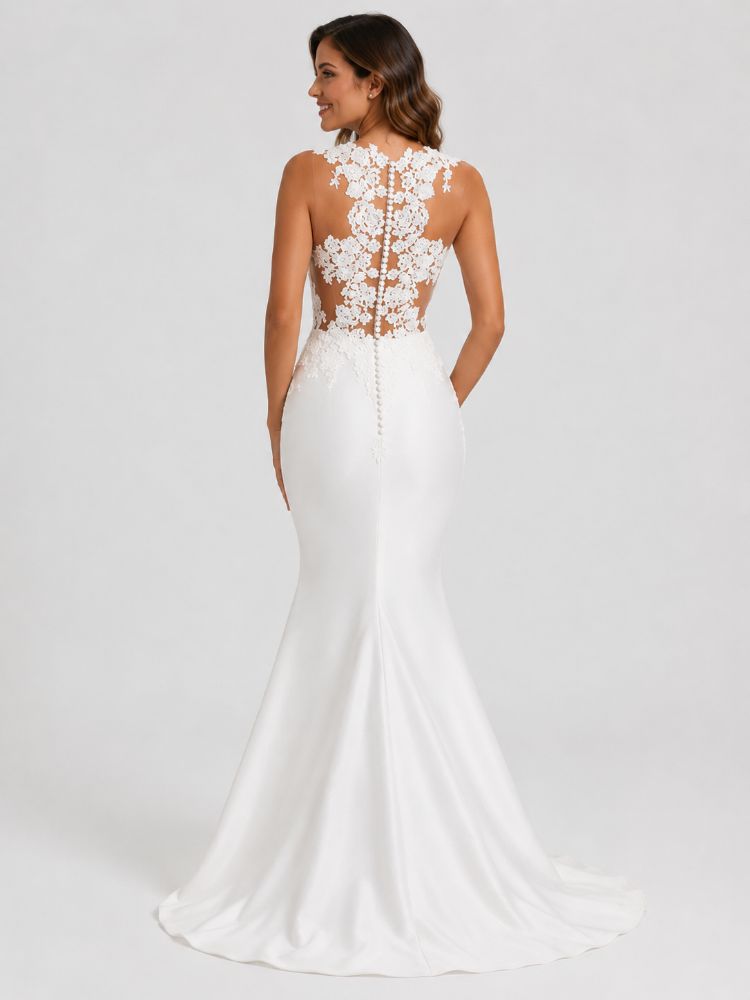 Elegant High-Neck Illusion Lace Crepe Mermaid Wedding Dress with Sweep Train