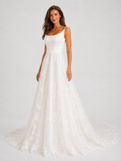Elegant Scoop Neck Satin Bodice Lace Overlay A-Line Wedding Dress with Chapel Train