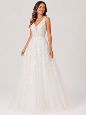 Elegant V-Neck Lace Applique Tulle A-Line Wedding Dress with Sweep Train
