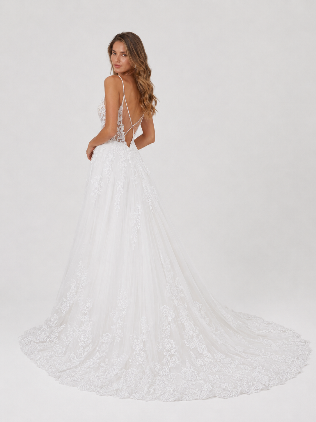 Elegant V-Neck Spaghetti Strap Lace Appliquéd Tulle A-Line Wedding Dress with Chapel Train