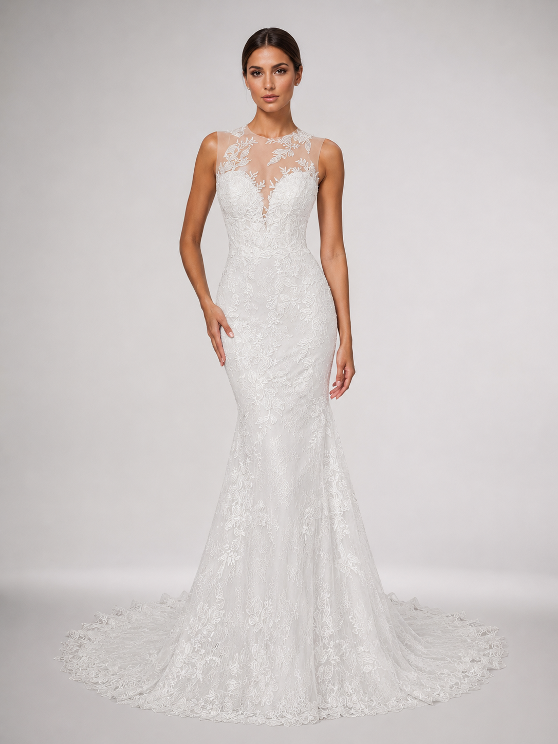 Elegant Illusion High-Neck Lace Mermaid Wedding Dress with Sweep Train