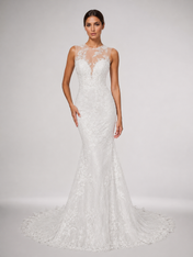 Elegant Illusion High-Neck Lace Mermaid Wedding Dress with Sweep Train