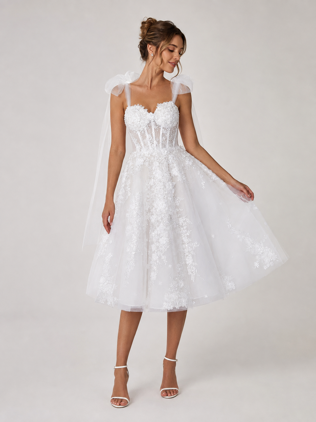 Elegant Sweetheart Lace Applique A-Line Midi Wedding Dress with Detachable Bow Straps