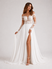 Elegant Illusion Lace Long-Sleeve A-Line Wedding Dress with High Slit and Chapel Train