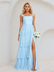 Sky Blue Tulle A-Line Spaghetti Straps Floor-Length Bridesmaid Dress