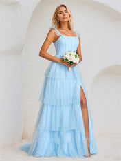 Sky Blue Tulle A-Line Spaghetti Straps Floor-Length Bridesmaid Dress