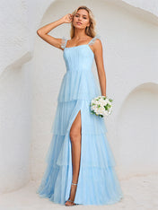 Sky Blue Tulle A-Line Spaghetti Straps Floor-Length Bridesmaid Dress