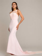 Blushing Pink Sheath/Column One-Shoulder Floor-Length Sleeveless Stretch Crepe Bridesmaid Dress