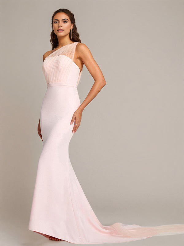 Blushing Pink Sheath/Column One-Shoulder Floor-Length Sleeveless Stretch Crepe Bridesmaid Dress
