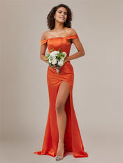 Sheath/Column Off The Shoulder Sleeveless Floor Length Satin Bridesmaid Dress
