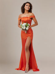 Sheath/Column Off The Shoulder Sleeveless Floor Length Satin Bridesmaid Dress