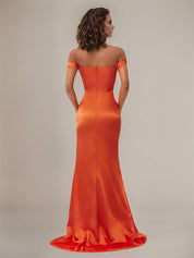 Sheath/Column Off The Shoulder Sleeveless Floor Length Satin Bridesmaid Dress