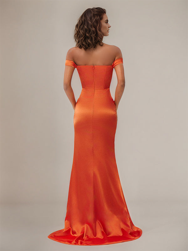 Sheath/Column Off The Shoulder Sleeveless Floor Length Satin Bridesmaid Dress