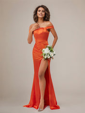 Sheath/Column Off The Shoulder Sleeveless Floor Length Satin Bridesmaid Dress
