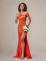 Sheath/Column Off The Shoulder Sleeveless Floor Length Satin Bridesmaid Dress