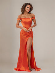 Sheath/Column Off The Shoulder Sleeveless Floor Length Satin Bridesmaid Dress