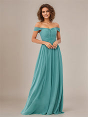 Aqua Blue A Line Off The Shoulder Sleeveless Floor Length Chiffon Bridesmaid Dress