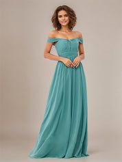 Aqua Blue A Line Off The Shoulder Sleeveless Floor Length Chiffon Bridesmaid Dress
