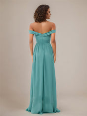Aqua Blue A Line Off The Shoulder Sleeveless Floor Length Chiffon Bridesmaid Dress