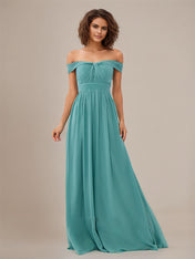 Aqua Blue A Line Off The Shoulder Sleeveless Floor Length Chiffon Bridesmaid Dress