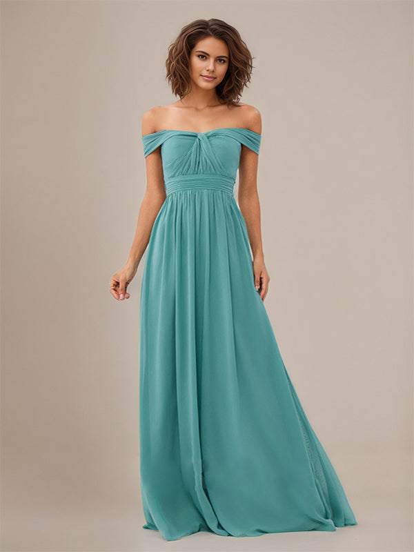 Aqua Blue A Line Off The Shoulder Sleeveless Floor Length Chiffon Bridesmaid Dress