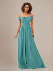 Aqua Blue A Line Off The Shoulder Sleeveless Floor Length Chiffon Bridesmaid Dress